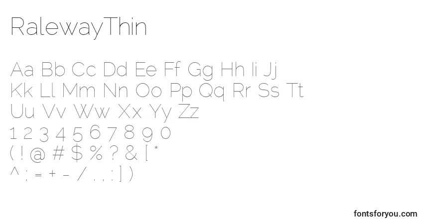 A fonte RalewayThin – alfabeto, números, caracteres especiais