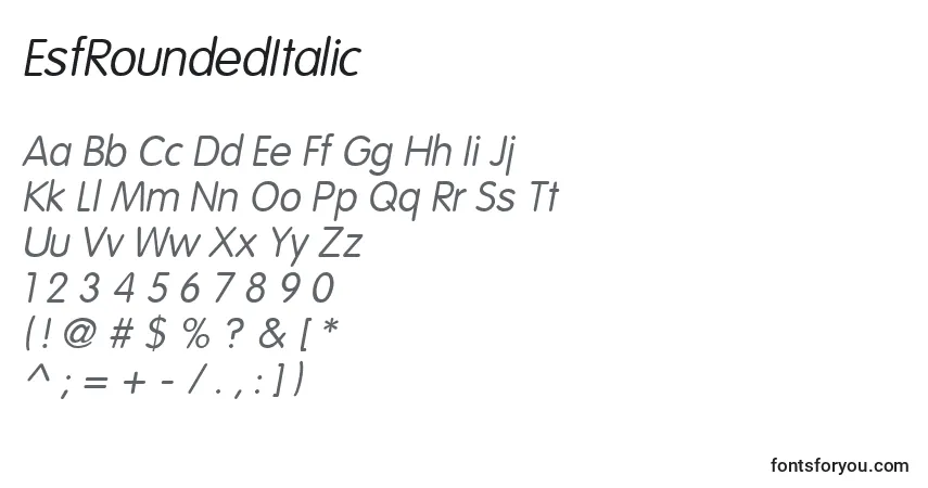 A fonte EsfRoundedItalic – alfabeto, números, caracteres especiais