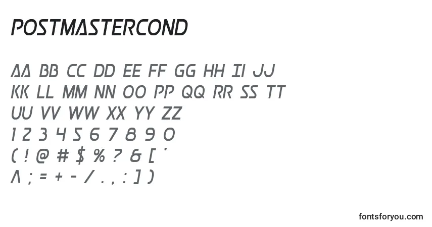 Postmastercond-fontti – aakkoset, numerot, erikoismerkit