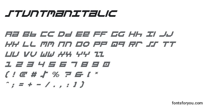 A fonte StuntmanItalic – alfabeto, números, caracteres especiais
