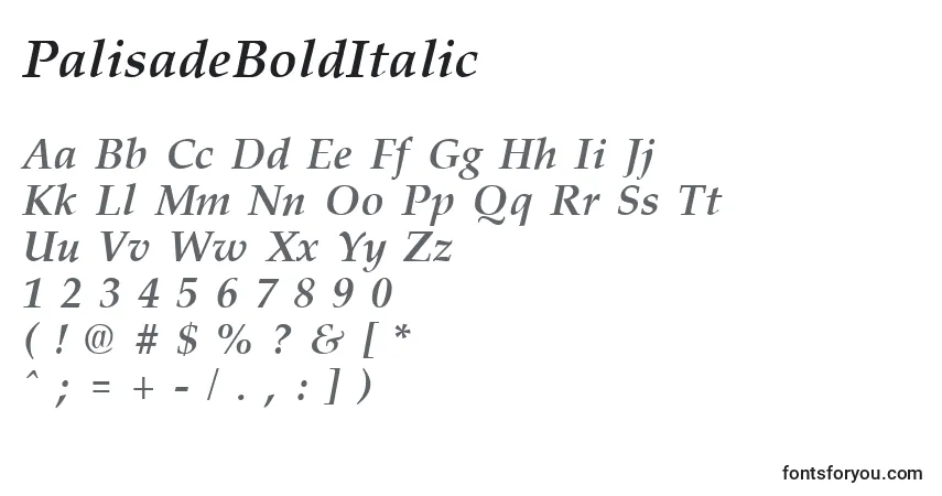 Czcionka PalisadeBoldItalic – alfabet, cyfry, specjalne znaki