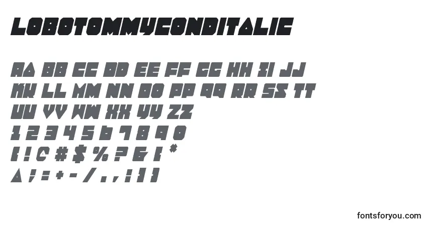 Czcionka LoboTommyConditalic – alfabet, cyfry, specjalne znaki