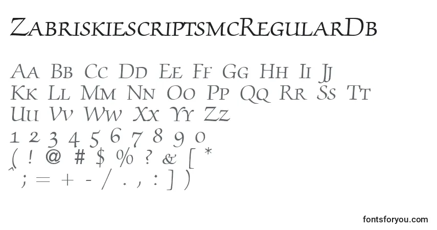 A fonte ZabriskiescriptsmcRegularDb – alfabeto, números, caracteres especiais