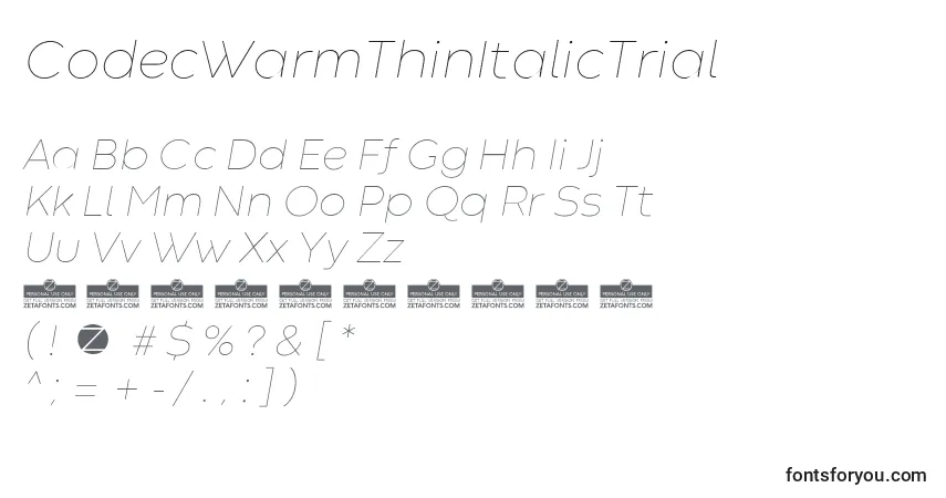 Czcionka CodecWarmThinItalicTrial – alfabet, cyfry, specjalne znaki
