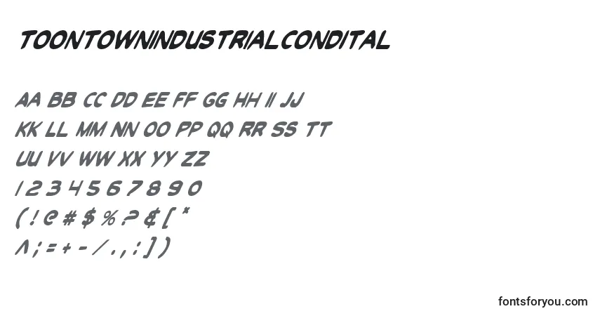 A fonte ToonTownIndustrialCondItal – alfabeto, números, caracteres especiais
