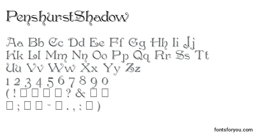 A fonte PenshurstShadow – alfabeto, números, caracteres especiais