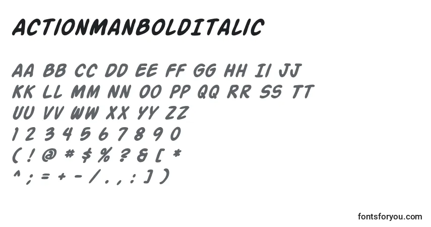 Schriftart ActionManBoldItalic – Alphabet, Zahlen, spezielle Symbole