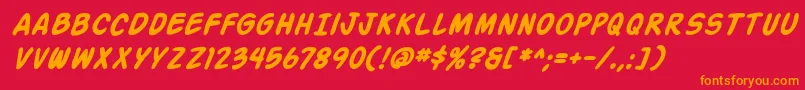 ActionManBoldItalic-Schriftart – Orangefarbene Schriften auf rotem Hintergrund