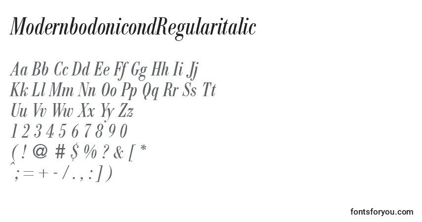 A fonte ModernbodonicondRegularitalic – alfabeto, números, caracteres especiais