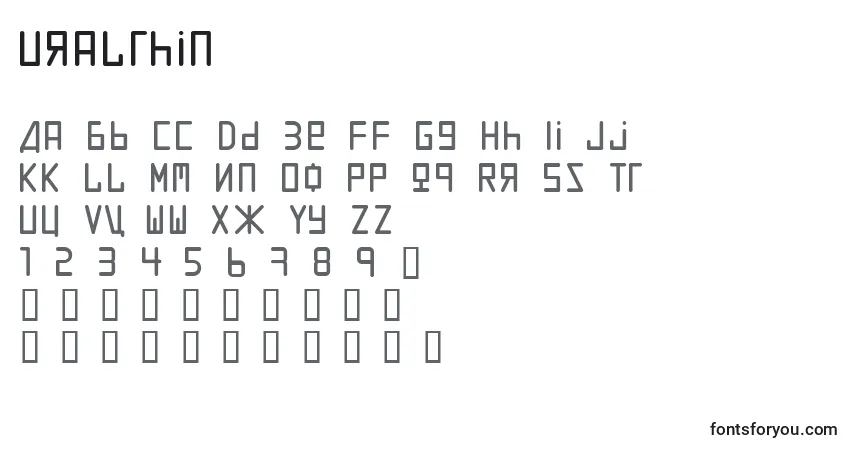 Schriftart Uralthin – Alphabet, Zahlen, spezielle Symbole