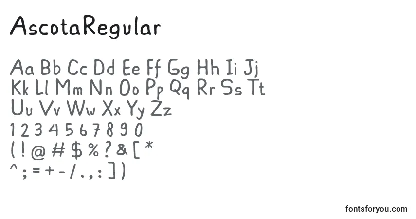 A fonte AscotaRegular – alfabeto, números, caracteres especiais