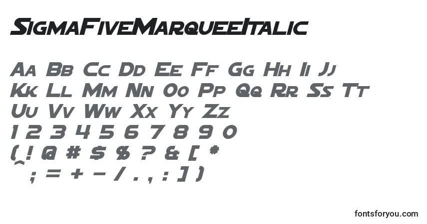 A fonte SigmaFiveMarqueeItalic – alfabeto, números, caracteres especiais