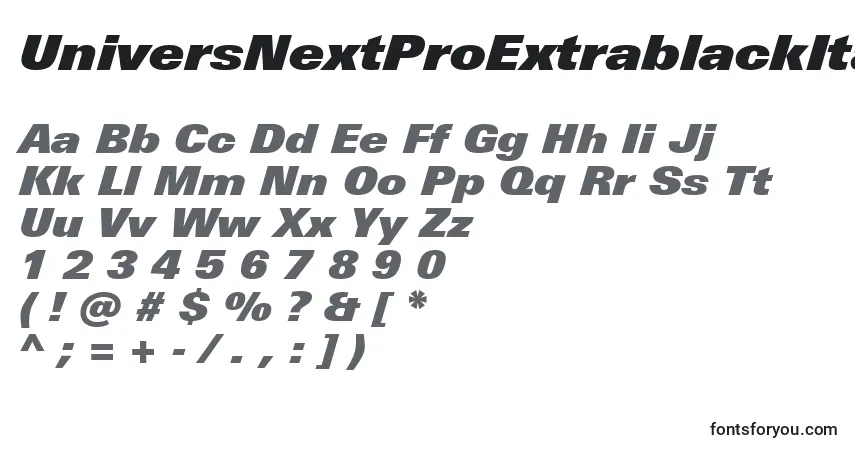 A fonte UniversNextProExtrablackItalic – alfabeto, números, caracteres especiais