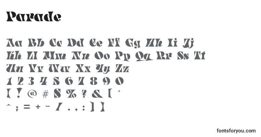 Czcionka Parade – alfabet, cyfry, specjalne znaki