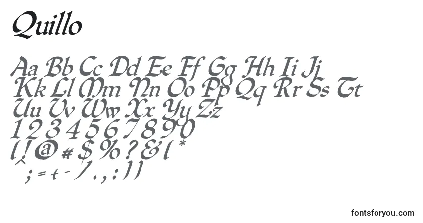 A fonte Quillo – alfabeto, números, caracteres especiais