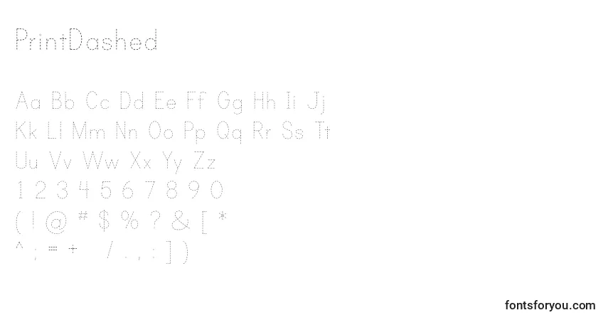 PrintDashed-fontti – aakkoset, numerot, erikoismerkit