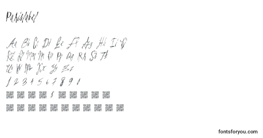 Czcionka Parislabel – alfabet, cyfry, specjalne znaki