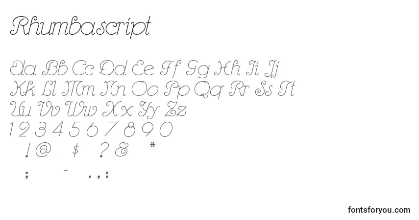 Czcionka Rhumbascript – alfabet, cyfry, specjalne znaki