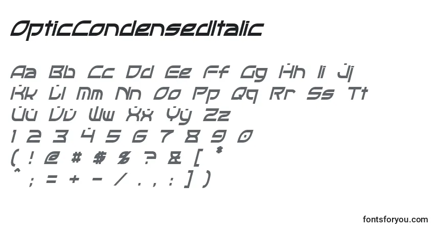 Czcionka OpticCondensedItalic – alfabet, cyfry, specjalne znaki