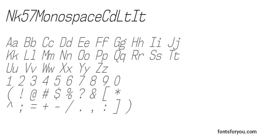 Czcionka Nk57MonospaceCdLtIt – alfabet, cyfry, specjalne znaki
