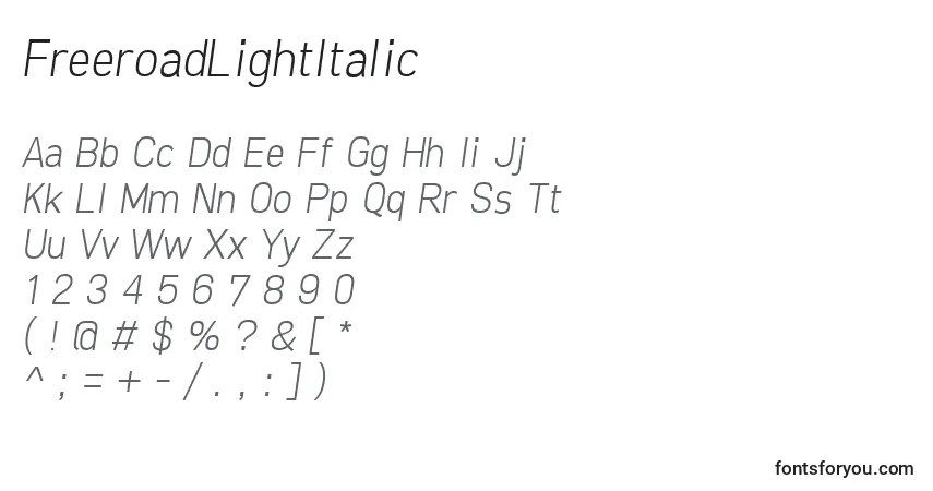 A fonte FreeroadLightItalic – alfabeto, números, caracteres especiais