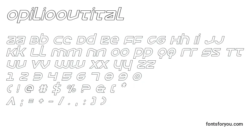 Schriftart Opiliooutital – Alphabet, Zahlen, spezielle Symbole