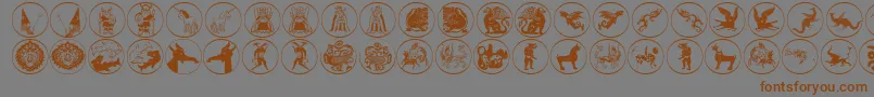 フォントMythologicaldisks – 茶色の文字が灰色の背景にあります。