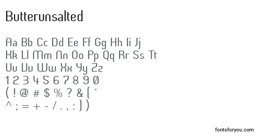 Czcionka Butterunsalted – alfabet, cyfry, specjalne znaki