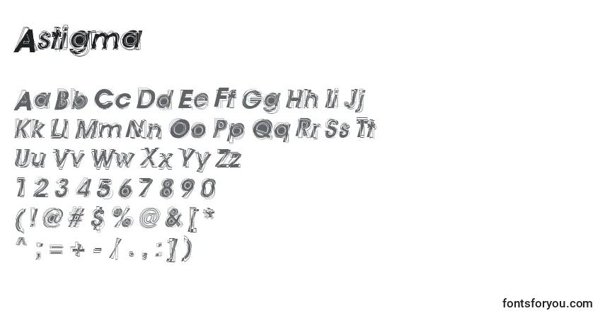 Schriftart Astigma – Alphabet, Zahlen, spezielle Symbole