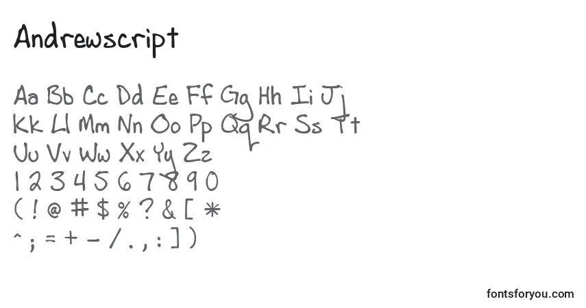 A fonte Andrewscript – alfabeto, números, caracteres especiais