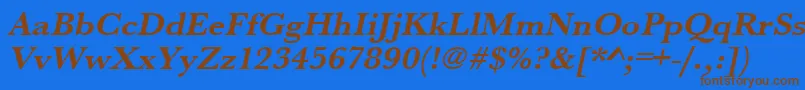 フォントUrwbaskertwidBoldOblique – 茶色の文字が青い背景にあります。