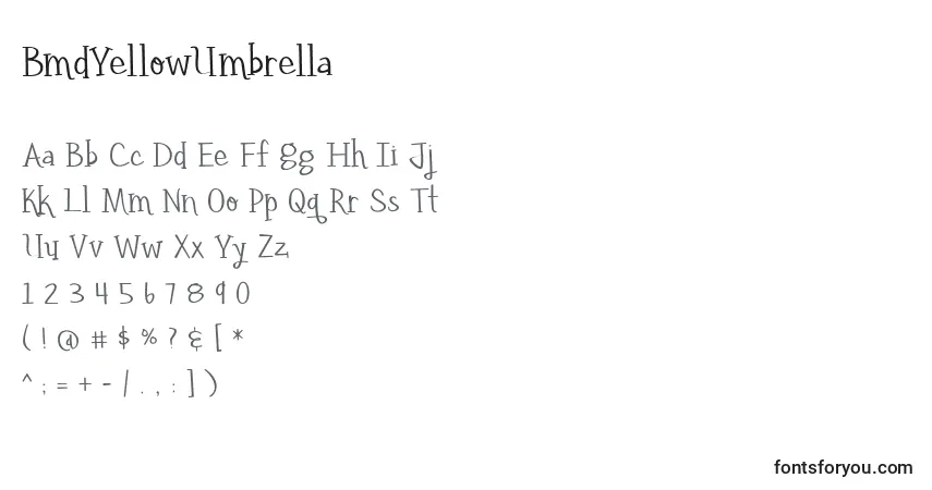 Schriftart BmdYellowUmbrella – Alphabet, Zahlen, spezielle Symbole