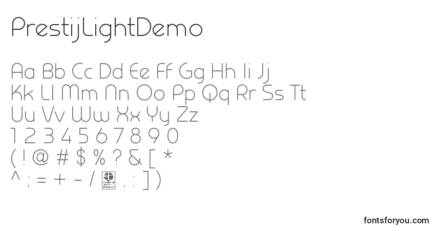 Шрифт PrestijLightDemo – алфавит, цифры, специальные символы