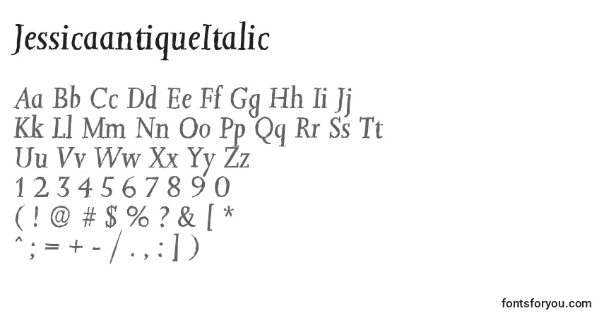 Schriftart JessicaantiqueItalic – Alphabet, Zahlen, spezielle Symbole