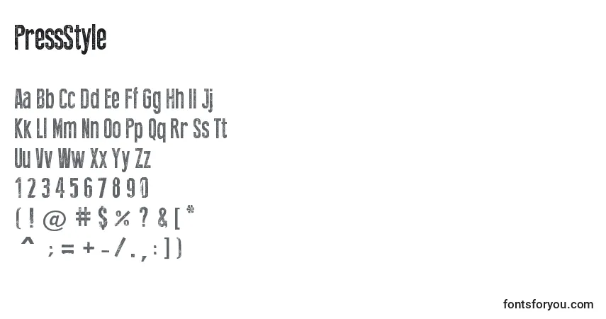 Schriftart PressStyle (90229) – Alphabet, Zahlen, spezielle Symbole