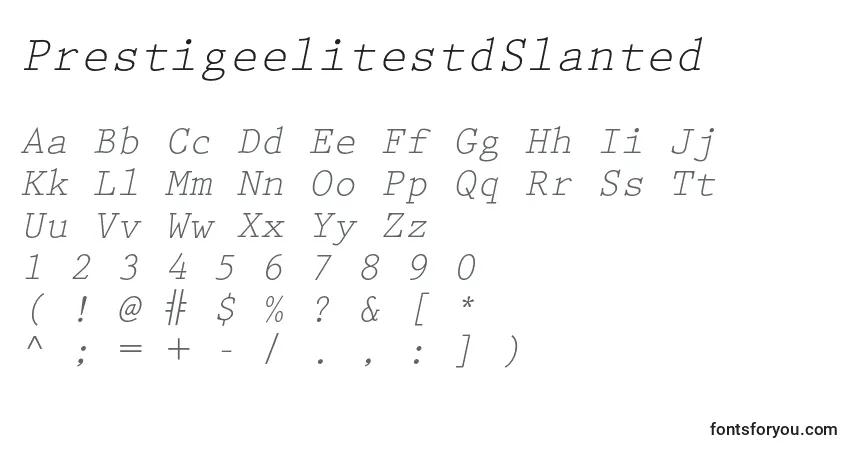Czcionka PrestigeelitestdSlanted – alfabet, cyfry, specjalne znaki