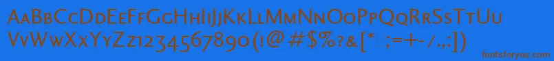 フォントCharlotteSansSmallCapsLet – 茶色の文字が青い背景にあります。