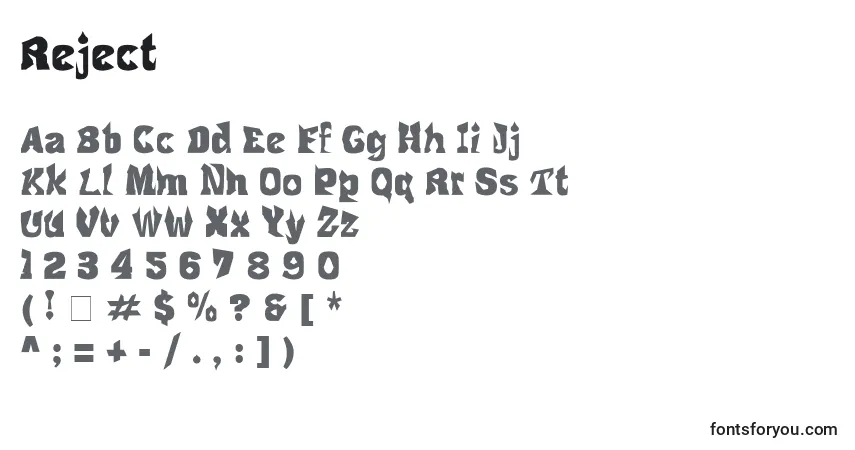 Czcionka Reject – alfabet, cyfry, specjalne znaki