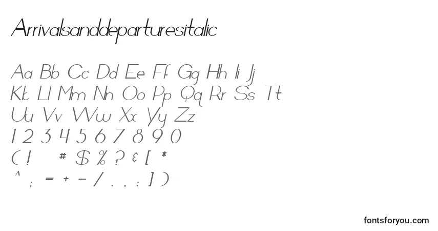 Czcionka Arrivalsanddeparturesitalic – alfabet, cyfry, specjalne znaki