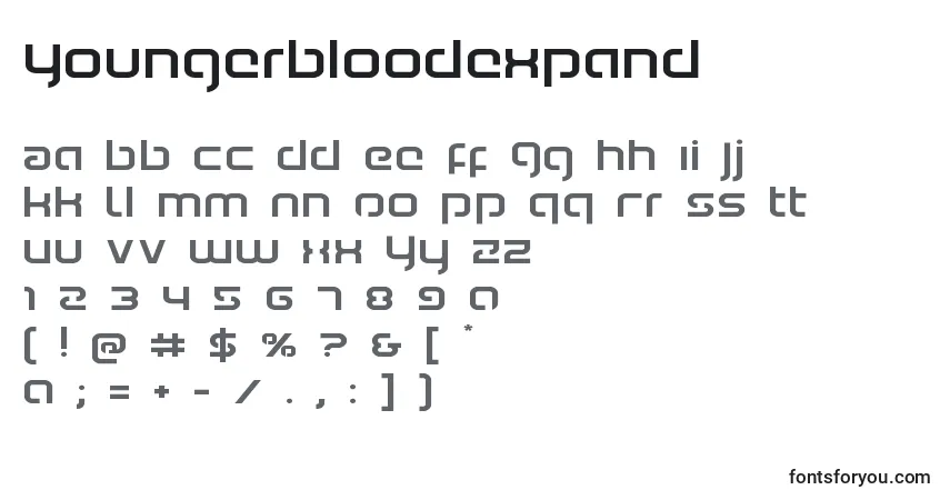 A fonte Youngerbloodexpand – alfabeto, números, caracteres especiais