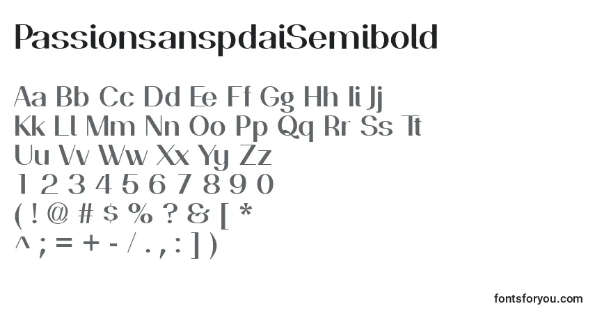 A fonte PassionsanspdaiSemibold – alfabeto, números, caracteres especiais