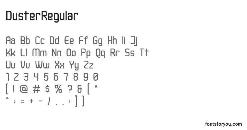 Czcionka DusterRegular – alfabet, cyfry, specjalne znaki