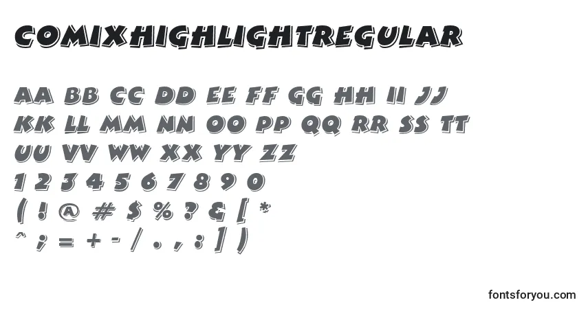 A fonte ComixhighlightRegular – alfabeto, números, caracteres especiais