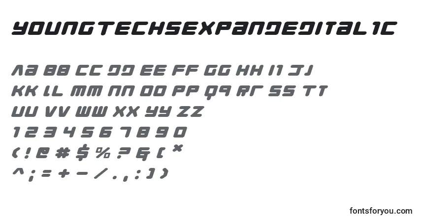 Czcionka YoungTechsExpandedItalic – alfabet, cyfry, specjalne znaki