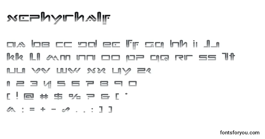 Czcionka Xephyrhalf – alfabet, cyfry, specjalne znaki