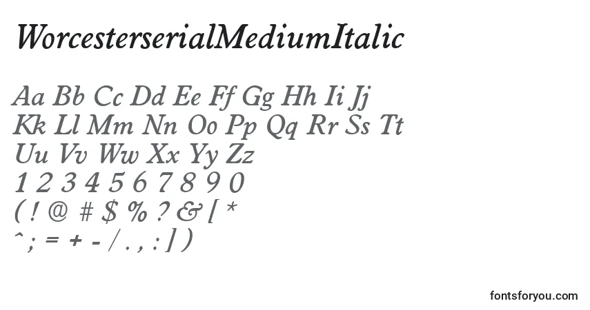 A fonte WorcesterserialMediumItalic – alfabeto, números, caracteres especiais