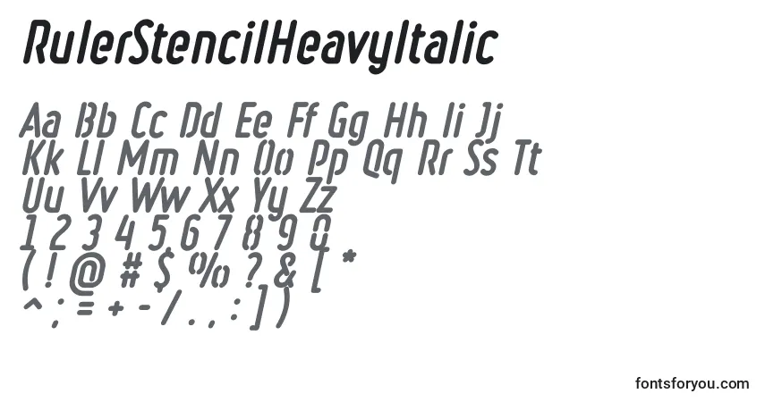 Czcionka RulerStencilHeavyItalic – alfabet, cyfry, specjalne znaki