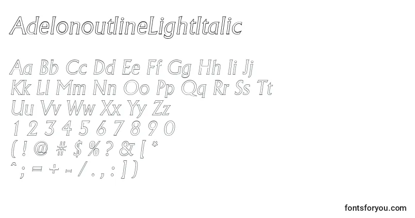 Шрифт AdelonoutlineLightItalic – алфавит, цифры, специальные символы