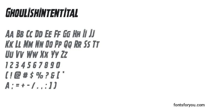 Czcionka Ghoulishintentital – alfabet, cyfry, specjalne znaki