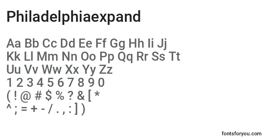 Schriftart Philadelphiaexpand – Alphabet, Zahlen, spezielle Symbole